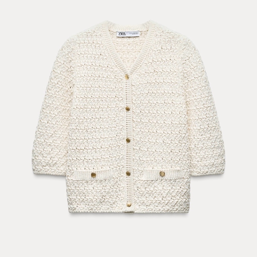 Zara Cream Metallic Thread Textured Cardigan Gold Buttons Preppy Festive Holiday
